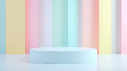 Light blue podium standing on pastel striped background, presenting products with contemporary minimalist aesthetic and vibrant color palette