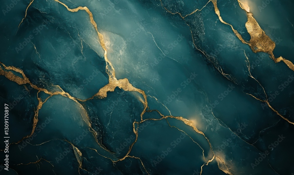 Aufkleber abstract marble pattern in bold shades of teal and gold with intricate textures illuminated by soft 