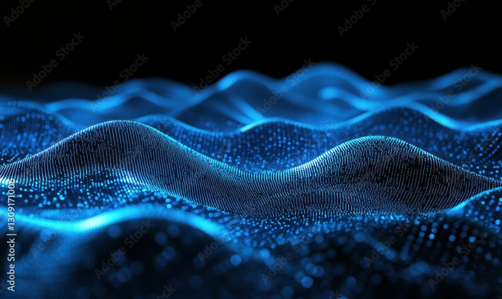 Poster abstract network of glowing blue particles forming a digital data pattern against a dark background,