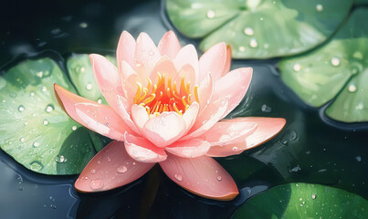Captivating Water Lily: A Stunning Pink Flower on Tranquil Waters Surrounded by Lush Green Leaves