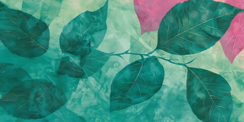 Fototapeta premium Watercolor Floral Background, Soft Pink and Teal Green Tones, Artistic and Textured Design