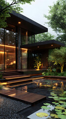 Fototapeta premium A modern house with wooden and black concrete walls 