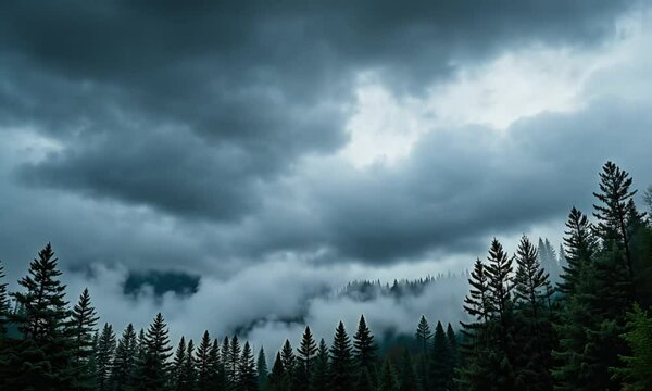 Dark storm clouds rolling over misty pine forest creating a dramatic and moody atmosphere in the remote mountain wilderness landscape. 
