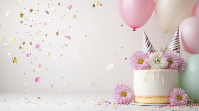 Festive celebration scene with cake, balloons, and confetti. Ideal for party and birthday themes.