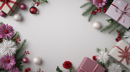Festive floral border with gifts and ornaments on white background, perfect for holiday celebrations and decoration.