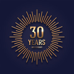 30 years Anniversary golden logo with realistic 3d gold metal sunburst rays. Vector illustration.