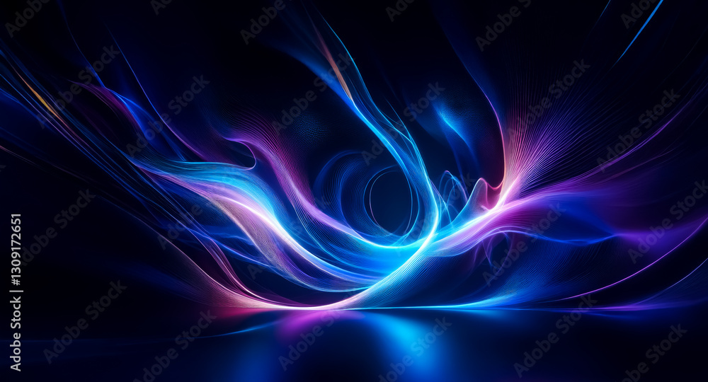 Poster abstract background featuring swirling, luminous lines in shades of blue, purple, and pink, creating