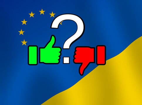 Ukraine's accession to the European Union : for or against, flag symbolizing membership, illustration for political survey, task, discussion, presentation