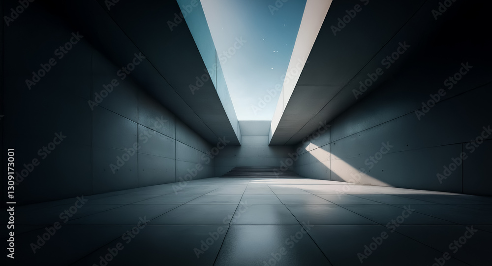 Poster Abstract architectural background with a bright light opening in the ceiling. Minimalist perspective view of a modern empty space.