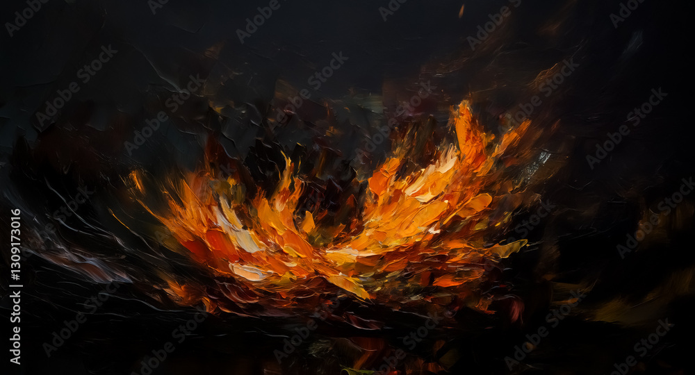 Poster dramatic abstract background with fiery orange and yellow brushstrokes against deep dark tones, crea