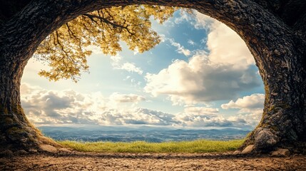 Scenic View Through Tree Trunk Hole:  Bright Sunny Day, Blue Sky with Fluffy White Clouds, Green Grassy Field