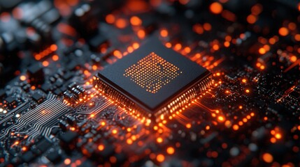 Glowing processor circuit board detail close-up