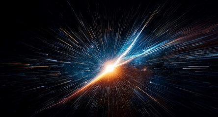 Fototapeta premium Abstract background featuring a radiant light burst. Dynamic rays of blue and orange emanate outward against a dark backdrop, creating a sense of speed and energy.