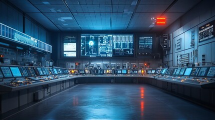 A modern control room at a nuclear power plant, filled with monitors and control panels