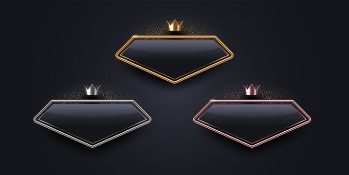 3d diamond shape luxury sign with metal frame and crown. Gold, silver and bronze metallic luxury sign on black background. Vector set.