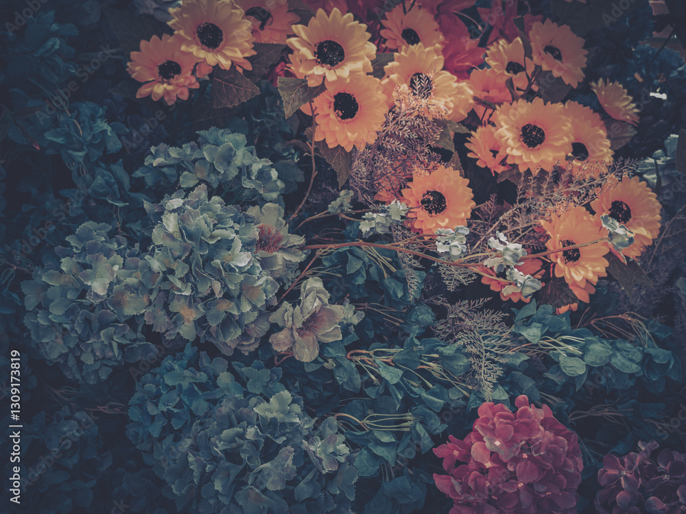 Poster colorful artificial flowers in bloom create a vibrant and decorative display. the variety of floral 