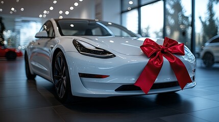 A brand-new white car is displayed on the showroom floor, adorned with a large red bow on the front