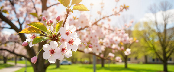 Obraz premium Budding cherry blossoms in serene park during spring, natural beauty