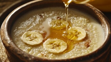 "cozy morning comfort: honey drizzled banana oatmeal in rustic wooden bowl