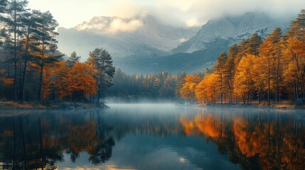 Fototapeta premium Autumnal lake reflects majestic mountains, fiery trees.