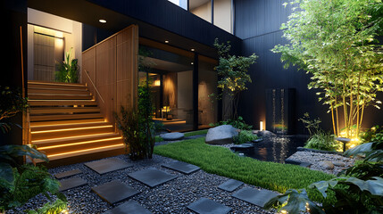 Fototapeta premium A modern house with wooden and black concrete walls 