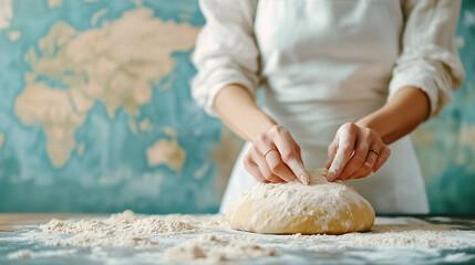 In a cozy kitchen, an Italian woman focuses on rolling pizza dough with care. Behind her, a subtle map of Europe adds an artistic touch to the culinary moment captured