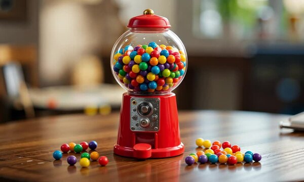 Vintage red gumball machine filled with colorful candy balls placed on wooden table with scattered sweets and blurred cozy indoor background. 