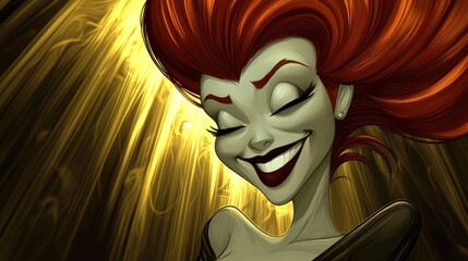 Happy redhead woman, stylized art, golden background, joyful expression, website banner