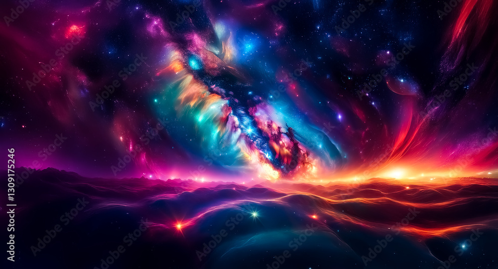 Aufkleber Vibrant abstract nebula background. Cosmic colors blend in swirling shapes, creating a dreamy and artistic space scene.