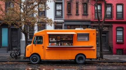 Obraz premium A muted city street, with a colorful food truck parked in the middle, offering an unexpected splash of color