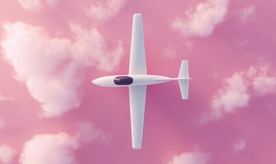 top view of white plane model on pink with clouds