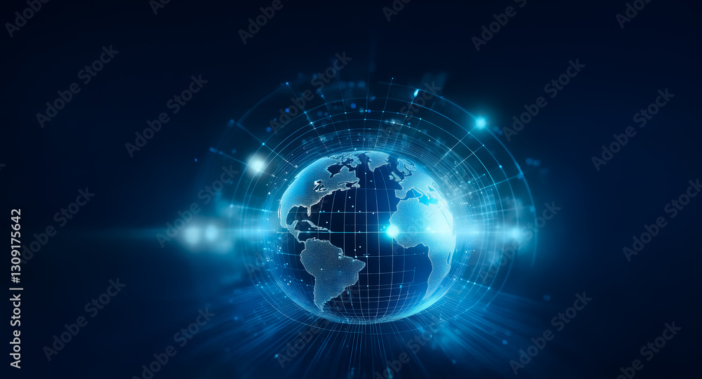Poster glowing blue globe surrounded by network lines on a dark blue abstract background. represents global