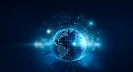 Glowing blue globe surrounded by network lines on a dark blue abstract background. Represents global connections and digital technology.
