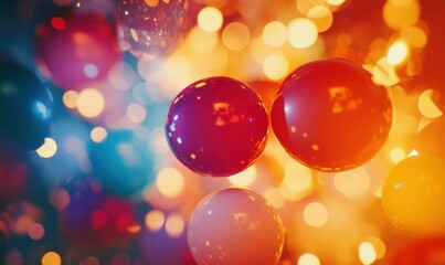 Cheerful festive balloons in bright colors glowing under warm light, creating a vibrant and celebratory visual