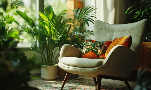 Chic urban living room with a mid-century modern armchair, vibrant throw pillows, and green plants bathed in soft natural light