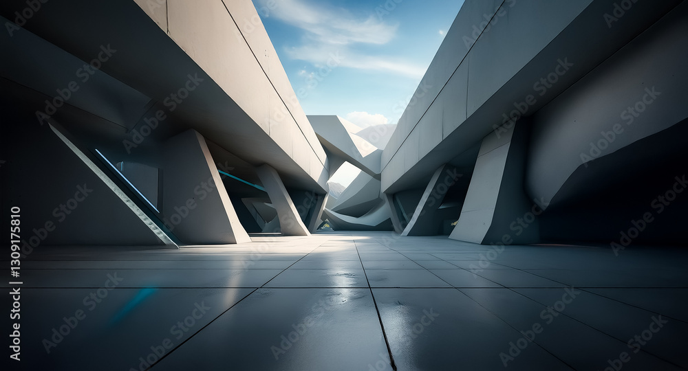 Poster modern architecture with an abstract background of geometric shapes and angles. sunlight illuminates