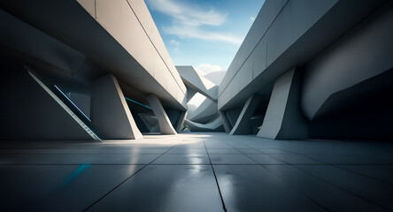 Obraz premium Modern architecture with an abstract background of geometric shapes and angles. Sunlight illuminates the minimalist and clean design, casting shadows.