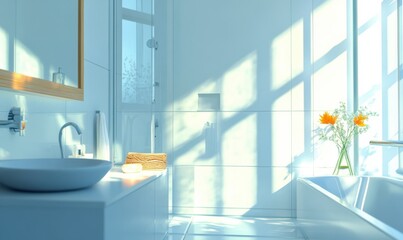 Fototapeta premium Clean white bathroom with sleek fixtures, natural wood elements, and sunlight streaming through a frosted glass window