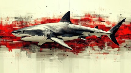 Powerful great white shark art, red abstract background.