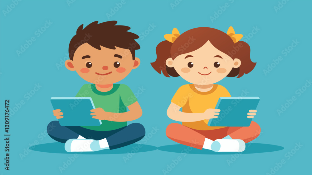 Poster two siblings sat side by side each with their own tablet as they competed in a friendly spelling gam
