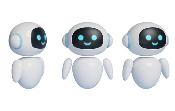 3D graphics of AI robot character standing at attention with smiling face