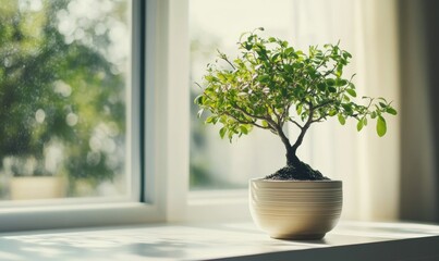 Fototapeta premium Close-up of a potted bonsai tree on a minimalist white desk near a window, soft natural light emphasizing its intricate leaves and branches