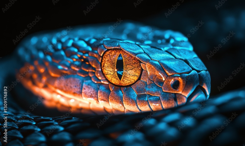 Poster close-up of a snake's eye and scales illuminated by gradient lighting emphasizing texture and intens