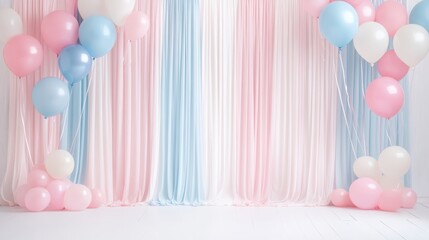 Pastel colored curtains framing floating pink and blue balloons, highlighting joyful anticipation surrounding gender reveal celebration for expectant parents