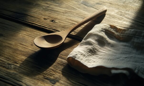 Close-up of a rustic wooden spoon and a linen napkin placed on a weathered wooden table illuminated by warm natural light creating a cozy kitchen vibe