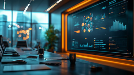 Modern Conference Room Interior Design with Futuristic Data Analytics Display Screen on Wall Ideal for Corporate Business Presentations and Reports