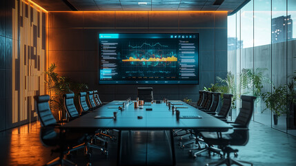 Modern Conference Room Interior Design with Futuristic Screen Displaying Business Data for Corporate Meeting Presentations
