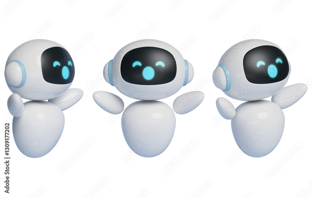 Poster 3d graphic of an ai robot character welcoming you with open arms and a big smile