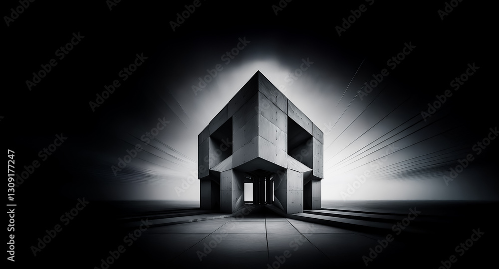Poster a stark geometric structure dominates an abstract background. monochrome tones and strong light crea