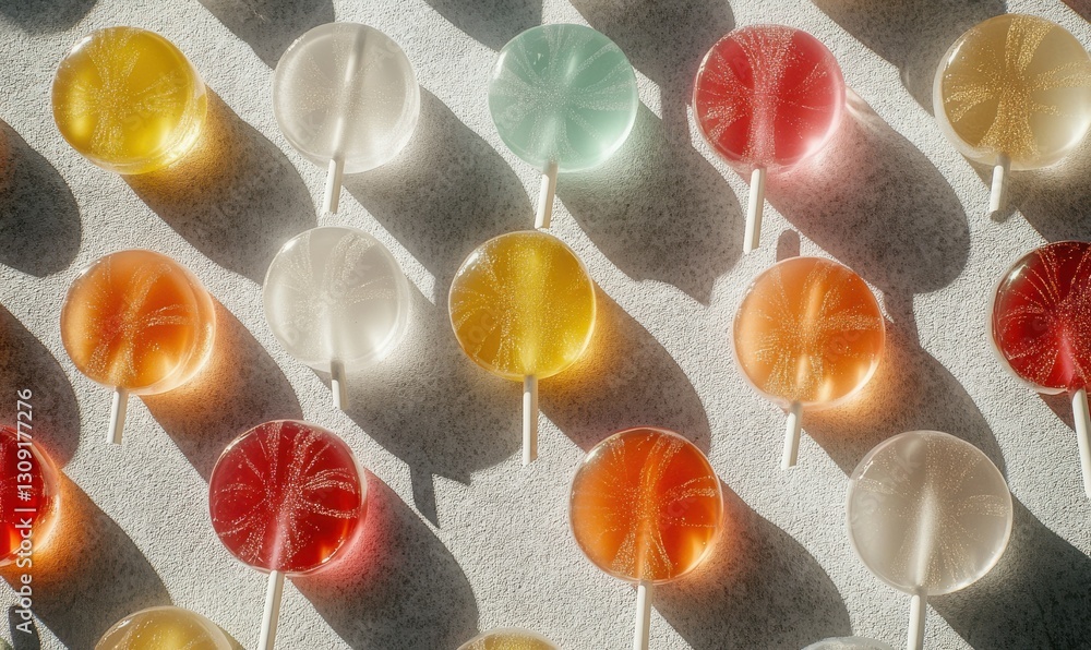 Poster close-up of colorful lollipops arranged on a gray textured surface illuminated by soft natural light